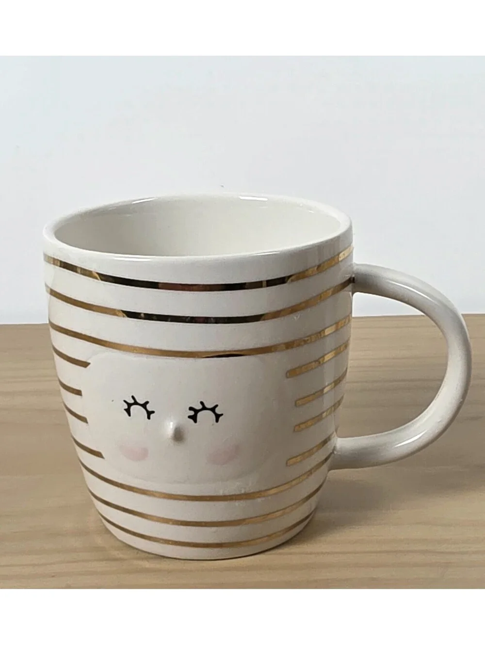Anthropologie Hinkleville Handmade Sleepy Face Mug Gold Accents Pastel